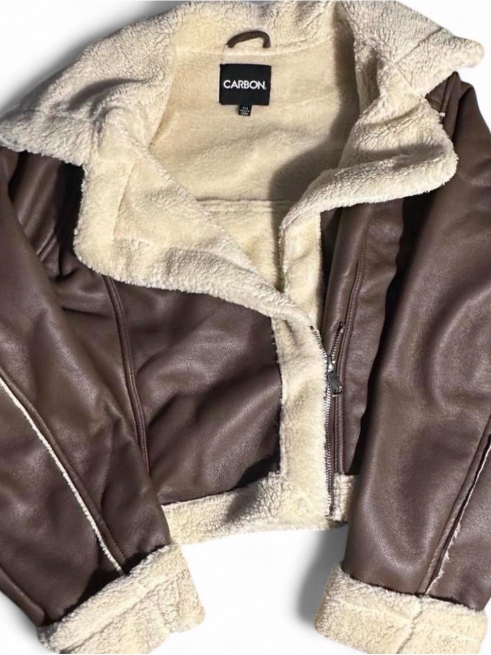 Carbon Brown Faux Leather Teddy Jacket with Cream Sherpa